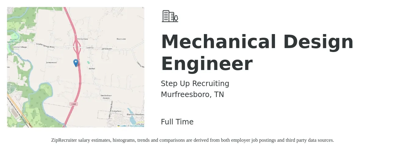 Step Up Recruiting job posting for a Mechanical Design Engineer in Murfreesboro, TN with a salary of $65,400 to $88,600 Yearly with a map of Murfreesboro location.