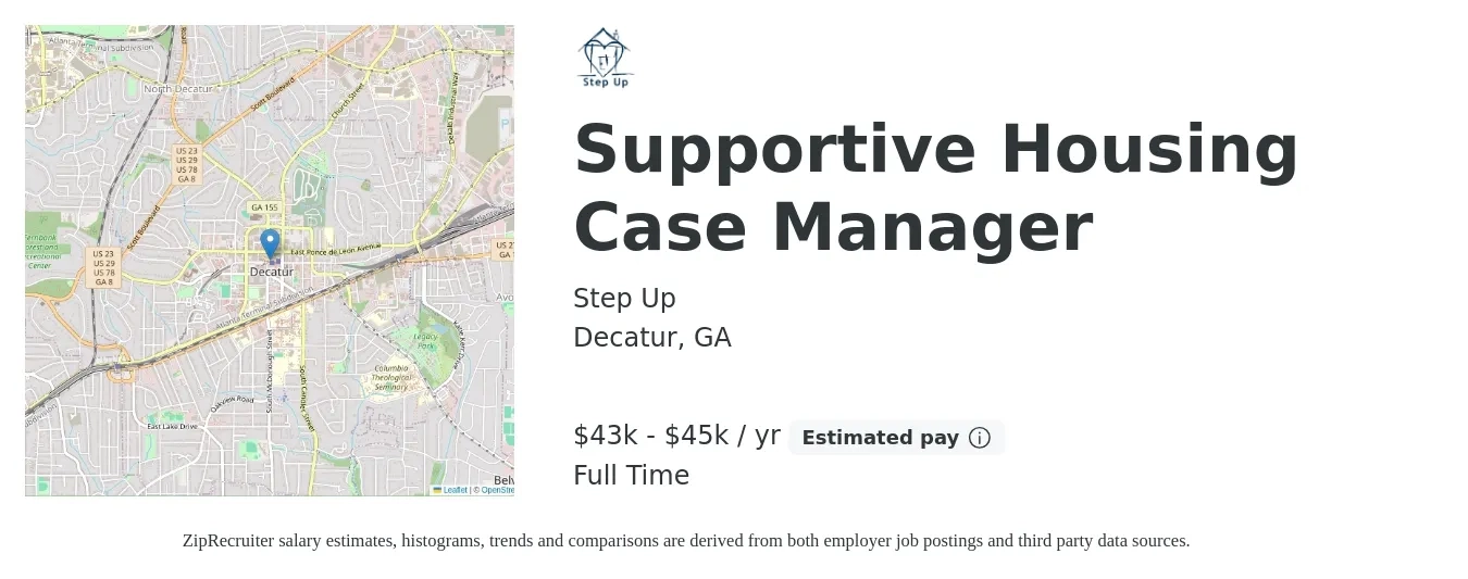 Step Up job posting for a Supportive Housing Case Manager in Decatur, GA with a salary of $43,000 to $45,000 Yearly with a map of Decatur location.