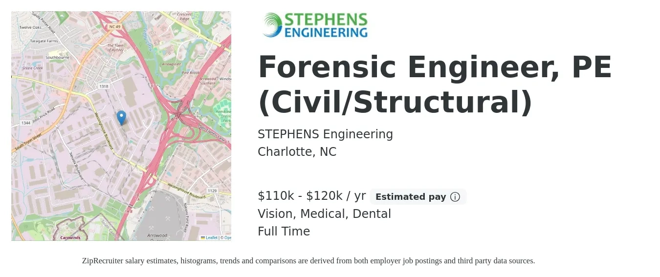 STEPHENS Engineering job posting for a Forensic Engineer, PE (Civil/Structural) in Charlotte, NC with a salary of $110,000 to $120,000 Yearly and benefits including pto, retirement, vision, dental, life_insurance, and medical with a map of Charlotte location.