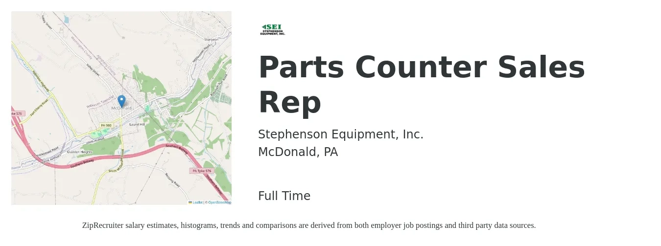 Stephenson Equipment, Inc. job posting for a Parts Counter Sales Rep in McDonald, PA with a salary of $18 to $23 Hourly with a map of McDonald location.