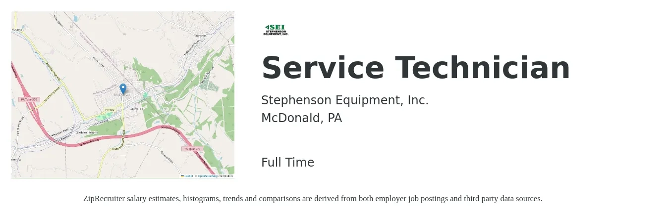 Stephenson Equipment, Inc. job posting for a Service Technician in McDonald, PA with a salary of $19 to $27 Hourly with a map of McDonald location.
