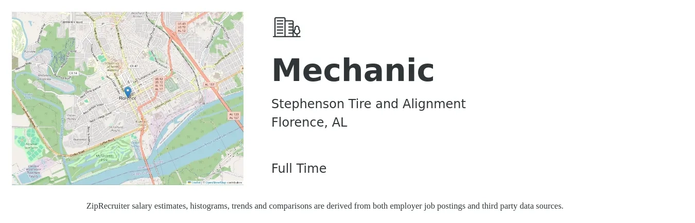 Stephenson Tire and Alignment job posting for a Mechanic in Florence, AL with a salary of $30,000 to $65,000 Monthly with a map of Florence location.