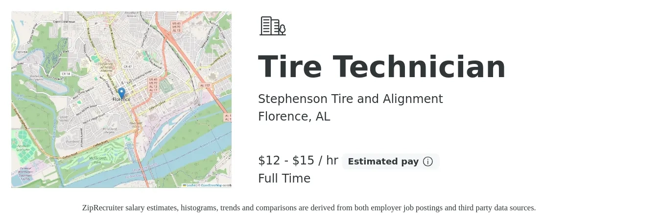 Stephenson Tire and Alignment job posting for a Tire Technician in Florence, AL with a salary of $13 to $16 Hourly with a map of Florence location.
