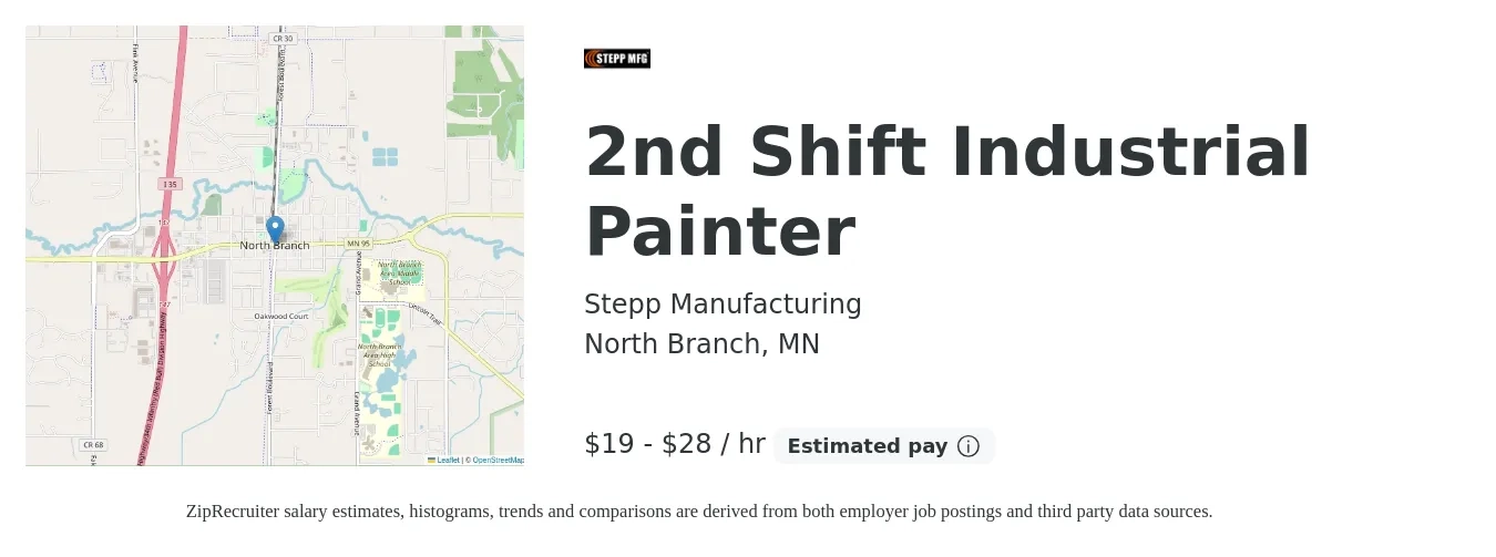 Stepp Manufacturing job posting for a 2nd Shift Industrial Painter in North Branch, MN with a salary of $20 to $30 Hourly with a map of North Branch location.