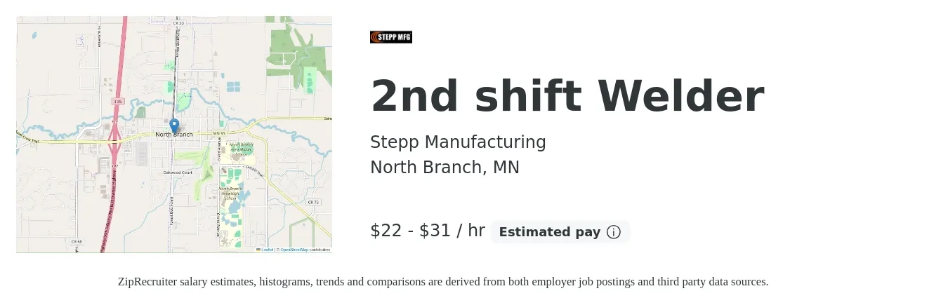 Stepp Manufacturing job posting for a 2nd shift Welder in North Branch, MN with a salary of $23 to $33 Hourly with a map of North Branch location.