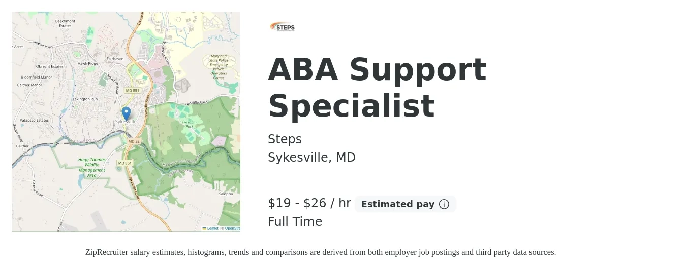 Steps job posting for a ABA Support Specialist in Sykesville, MD with a salary of $20 to $28 Hourly with a map of Sykesville location.