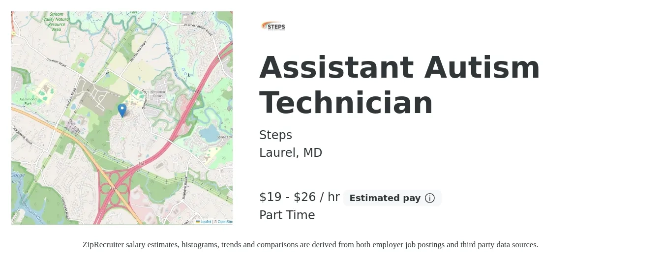 Steps job posting for a Assistant Autism Technician in Laurel, MD with a salary of $20 to $28 Hourly with a map of Laurel location.