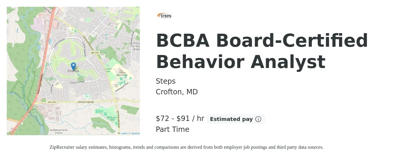 Steps job posting for a BCBA Board-Certified Behavior Analyst in Crofton, MD with a salary of $75 to $95 Hourly with a map of Crofton location.