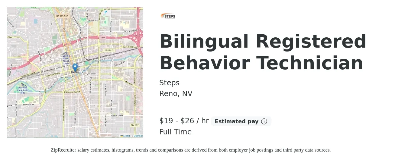 Steps job posting for a Bilingual Registered Behavior Technician in Reno, NV with a salary of $20 to $28 Hourly with a map of Reno location.