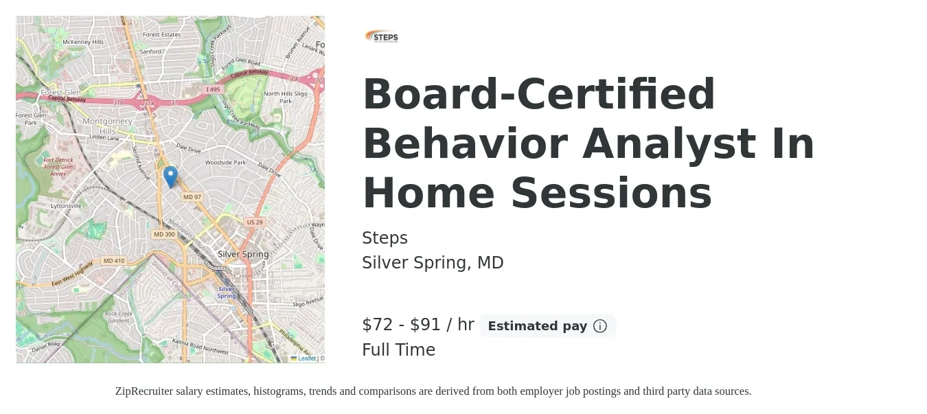 Steps job posting for a Board-Certified Behavior Analyst In Home Sessions in Silver Spring, MD with a salary of $75 to $95 Hourly with a map of Silver Spring location.