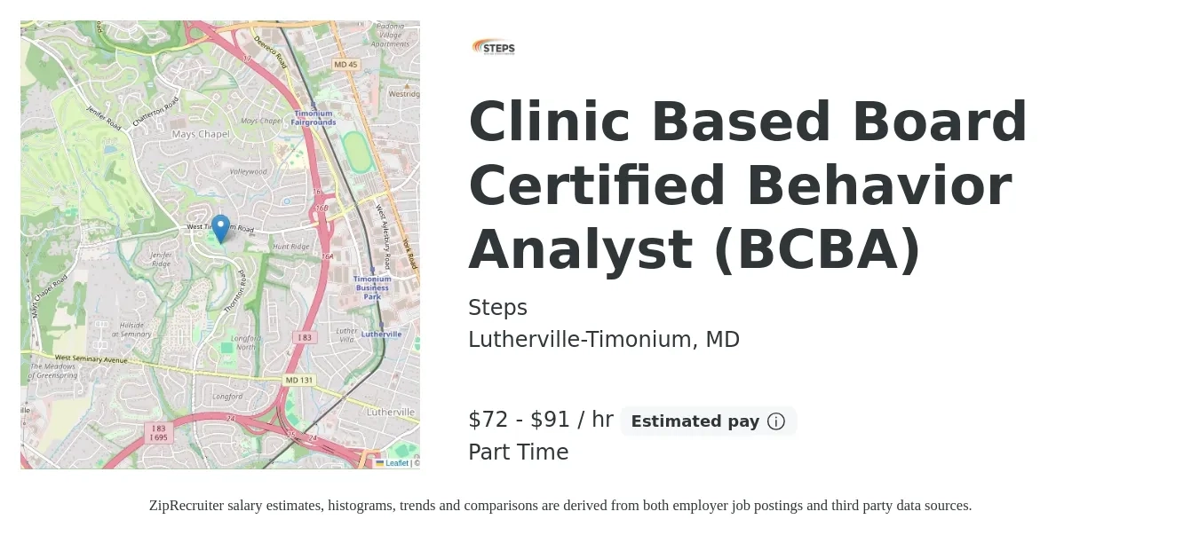Steps job posting for a Clinic Based Board Certified Behavior Analyst (BCBA) in Lutherville-Timonium, MD with a salary of $75 to $95 Hourly with a map of Lutherville-Timonium location.