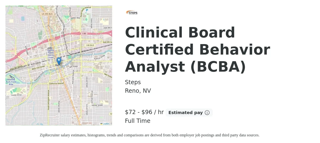 Steps job posting for a Clinical Board Certified Behavior Analyst (BCBA) in Reno, NV with a salary of $75 to $100 Hourly with a map of Reno location.
