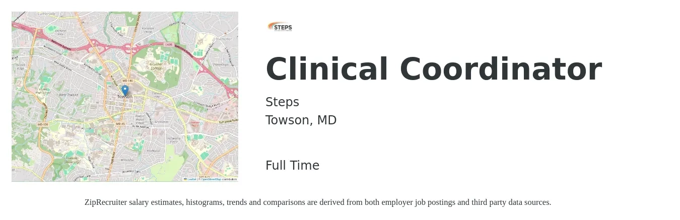 Steps job posting for a Clinical Coordinator in Towson, MD with a salary of $20 to $34 Hourly with a map of Towson location.