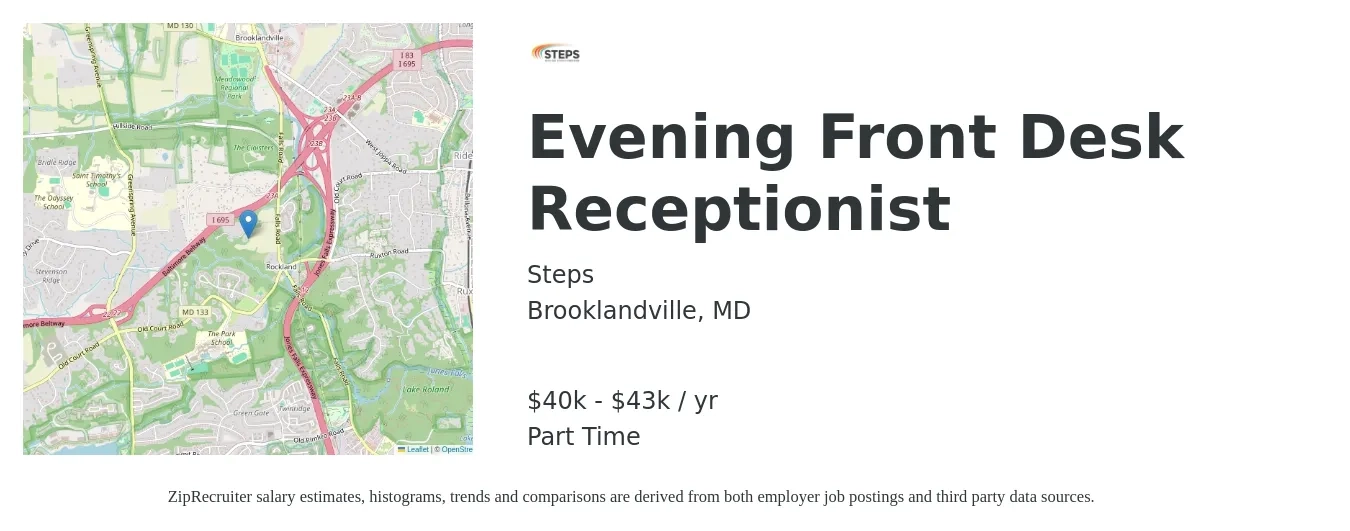 Steps job posting for a Evening Front Desk Receptionist in Brooklandville, MD with a salary of $40,000 to $43,000 Yearly with a map of Brooklandville location.