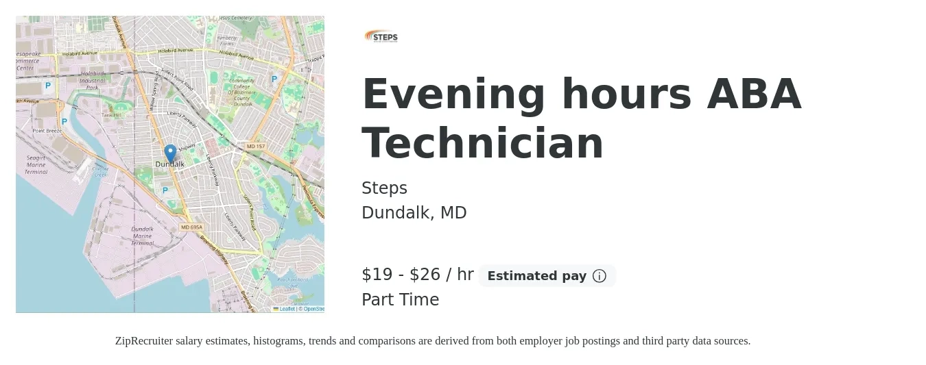 Steps job posting for a Evening hours ABA Technician in Dundalk, MD with a salary of $20 to $28 Hourly with a map of Dundalk location.