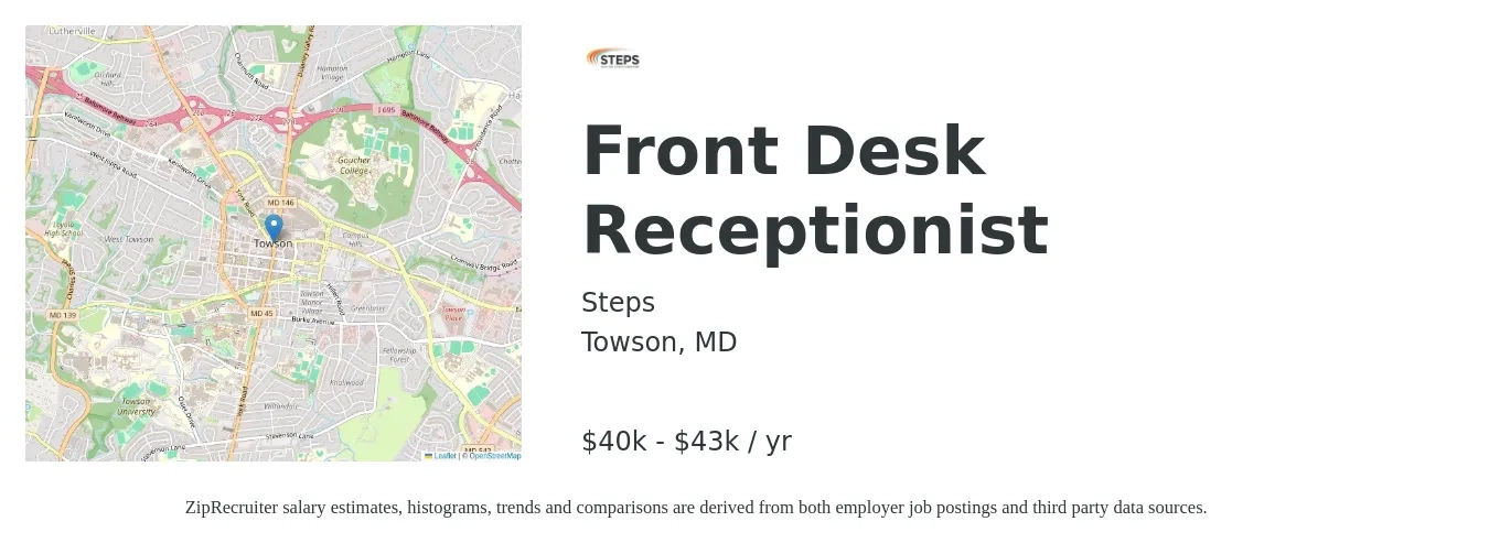 Steps job posting for a Front Desk Receptionist in Towson, MD with a salary of $40,000 to $43,000 Yearly with a map of Towson location.