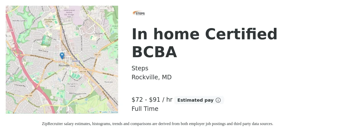 Steps job posting for a In home Certified BCBA in Rockville, MD with a salary of $75 to $95 Hourly with a map of Rockville location.