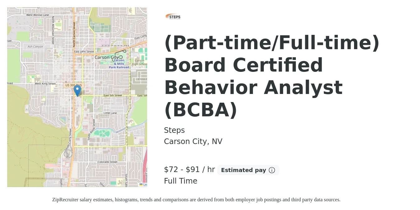 Steps job posting for a (Part-time/Full-time) Board Certified Behavior Analyst (BCBA) in Carson City, NV with a salary of $75 to $95 Hourly with a map of Carson City location.