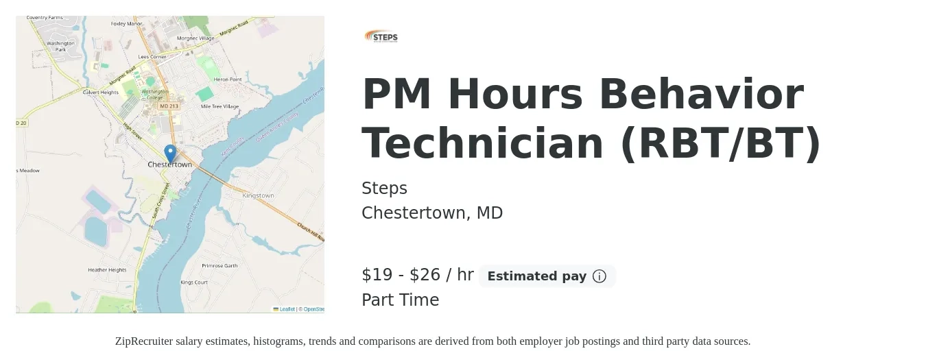 Steps job posting for a PM Hours Behavior Technician (RBT/BT) in Chestertown, MD with a salary of $20 to $28 Hourly with a map of Chestertown location.