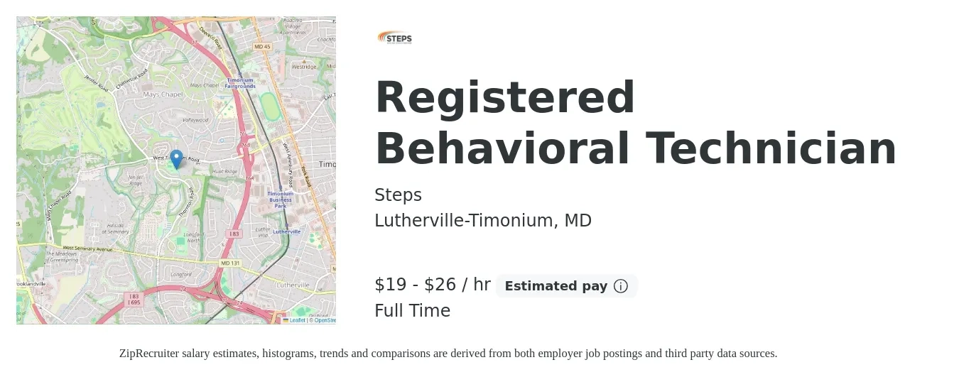 Steps job posting for a Registered Behavioral Technician in Lutherville-Timonium, MD with a salary of $20 to $28 Hourly with a map of Lutherville-Timonium location.
