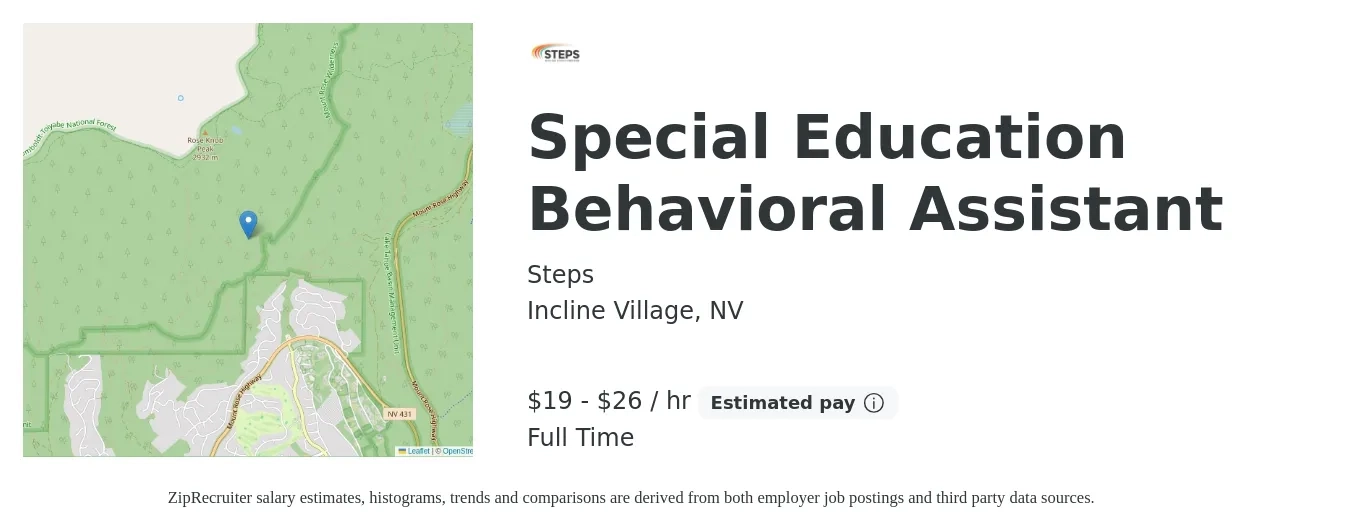 Steps job posting for a Special Education Behavioral Assistant in Incline Village, NV with a salary of $20 to $28 Hourly with a map of Incline Village location.