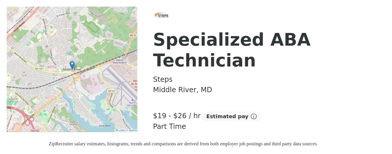 Steps job posting for a Specialized ABA Technician in Middle River, MD with a salary of $20 to $28 Hourly with a map of Middle River location.