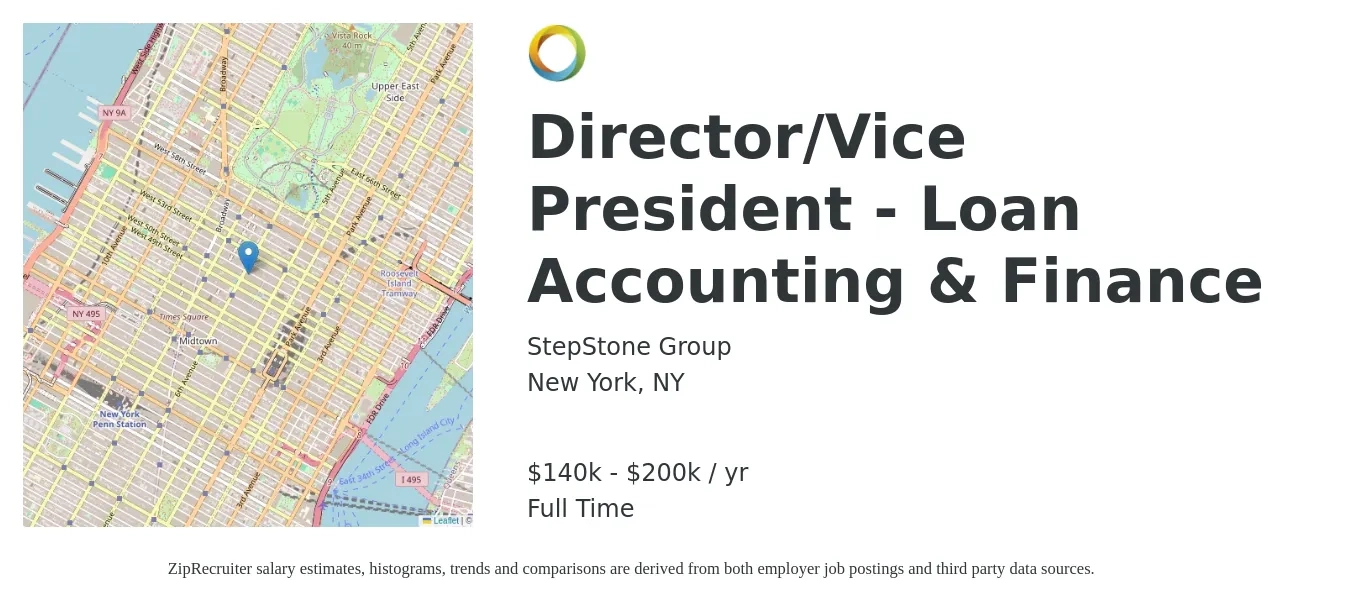 StepStone Group job posting for a Director/Vice President - Loan Accounting & Finance in New York, NY with a salary of $140,000 to $200,000 Yearly with a map of New York location.