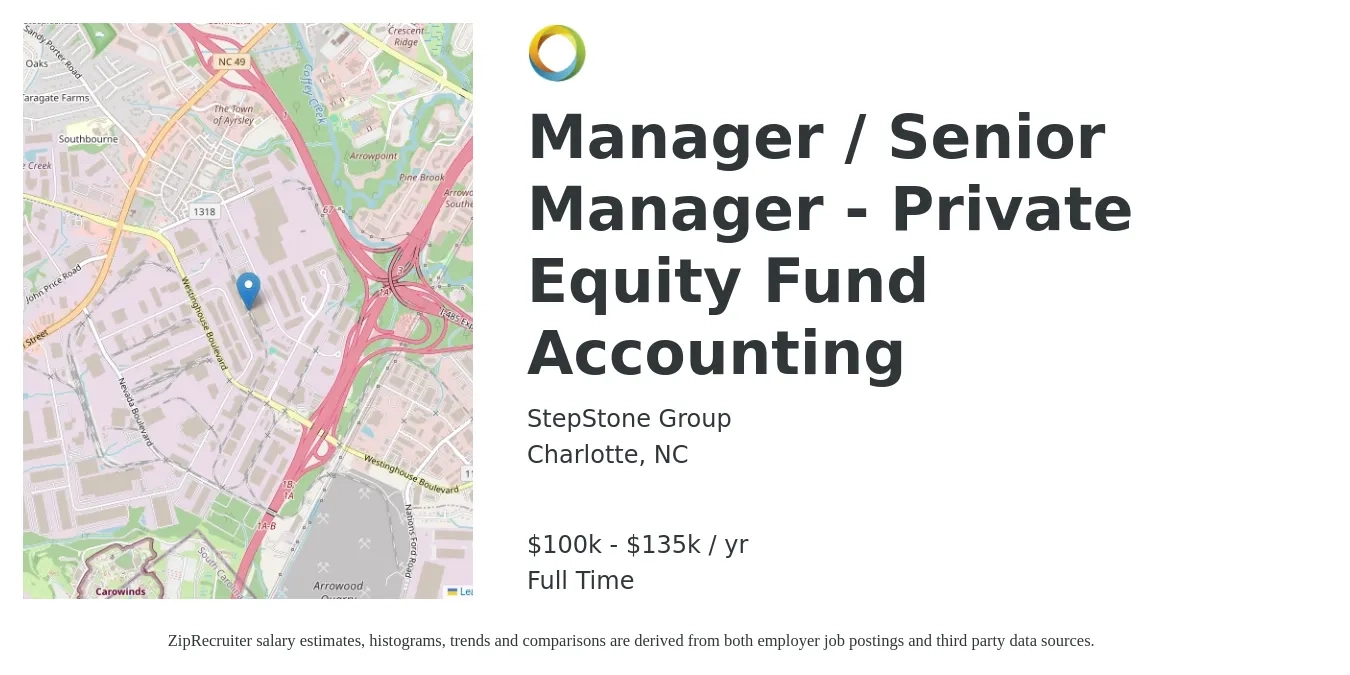 StepStone Group job posting for a Manager / Senior Manager - Private Equity Fund Accounting in Charlotte, NC with a salary of $100,000 to $135,000 Yearly with a map of Charlotte location.