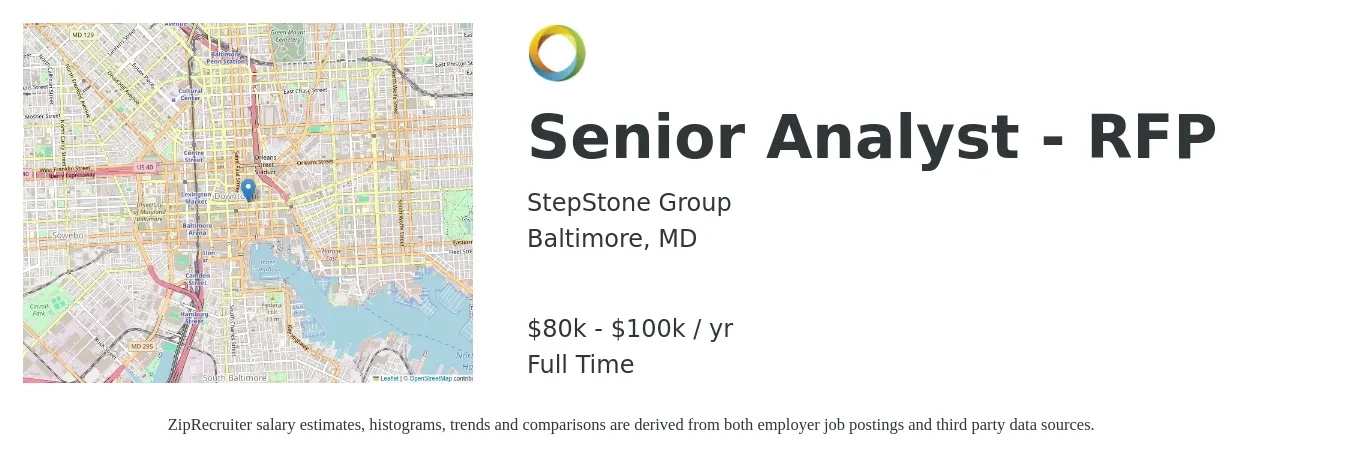 StepStone Group job posting for a Senior Analyst - RFP in Baltimore, MD with a salary of $80,000 to $100,000 Yearly with a map of Baltimore location.