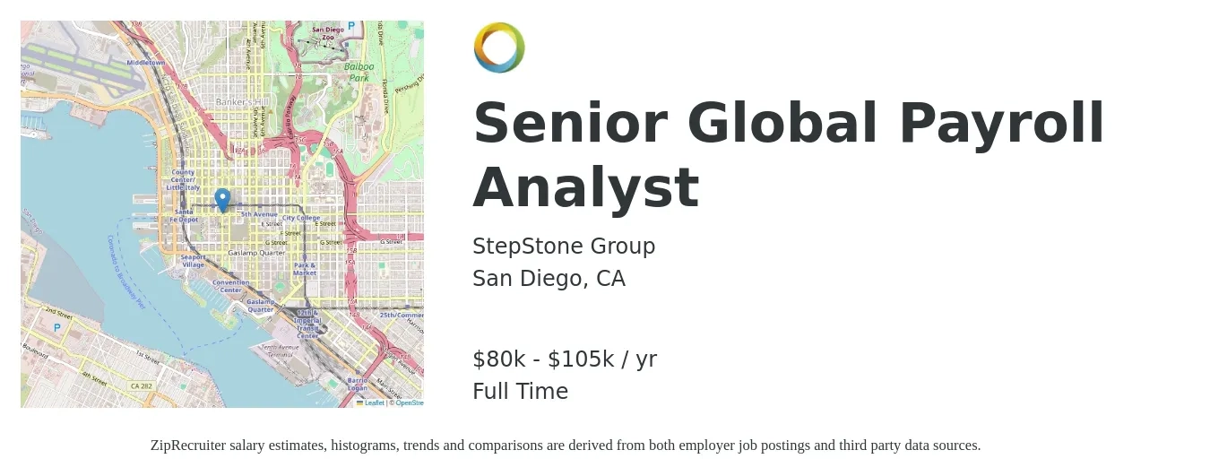 StepStone Group job posting for a Senior Global Payroll Analyst in San Diego, CA with a salary of $80,000 to $105,000 Yearly with a map of San Diego location.