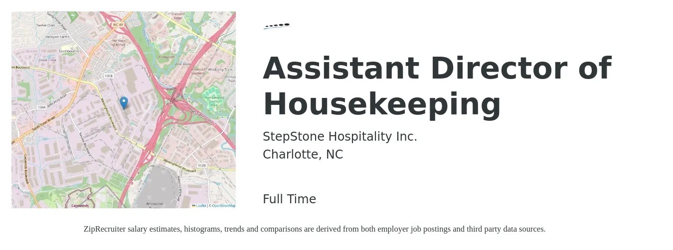 StepStone Hospitality Inc. job posting for a Assistant Director of Housekeeping in Charlotte, NC with a salary of $37,100 to $73,600 Yearly with a map of Charlotte location.