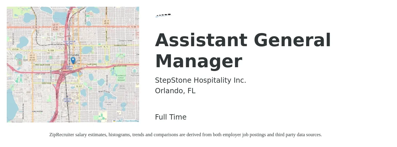 StepStone Hospitality Inc. job posting for a Assistant General Manager in Orlando, FL with a salary of $15 to $23 Hourly with a map of Orlando location.