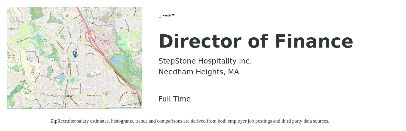 StepStone Hospitality Inc. job posting for a Director of Finance in Needham Heights, MA with a salary of $110,500 to $168,200 Yearly with a map of Needham Heights location.
