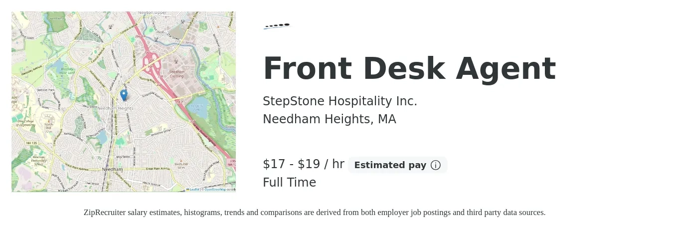 StepStone Hospitality Inc. job posting for a Front Desk Agent in Needham Heights, MA with a salary of $18 to $20 Hourly with a map of Needham Heights location.