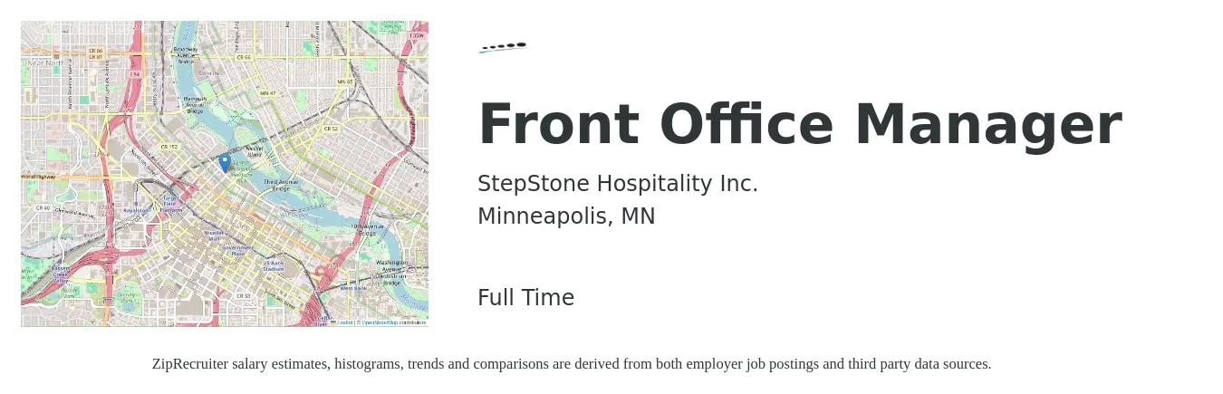 StepStone Hospitality Inc. job posting for a Front Office Manager in Minneapolis, MN with a salary of $19 to $29 Hourly with a map of Minneapolis location.