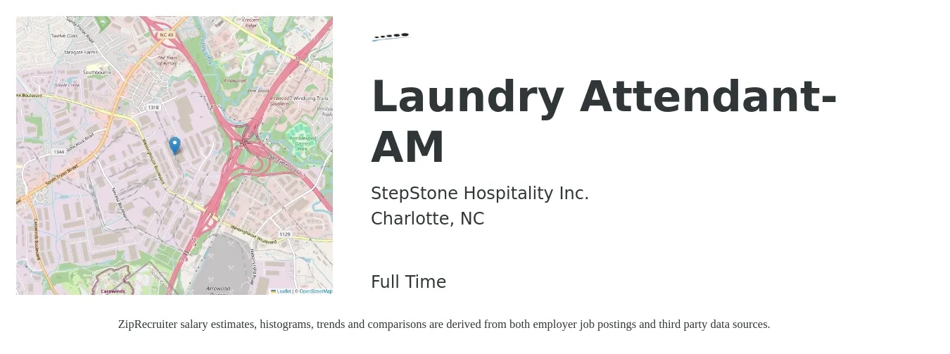 StepStone Hospitality Inc. job posting for a Laundry Attendant- AM in Charlotte, NC with a salary of $13 to $16 Hourly with a map of Charlotte location.
