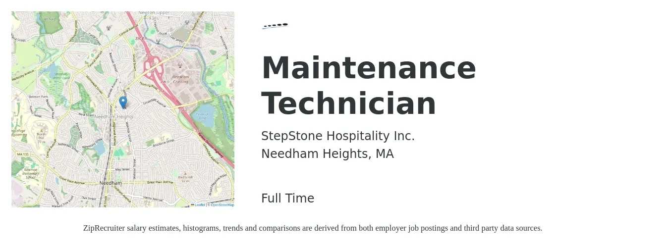 StepStone Hospitality Inc. job posting for a Maintenance Technician in Needham Heights, MA with a salary of $21 to $30 Hourly with a map of Needham Heights location.
