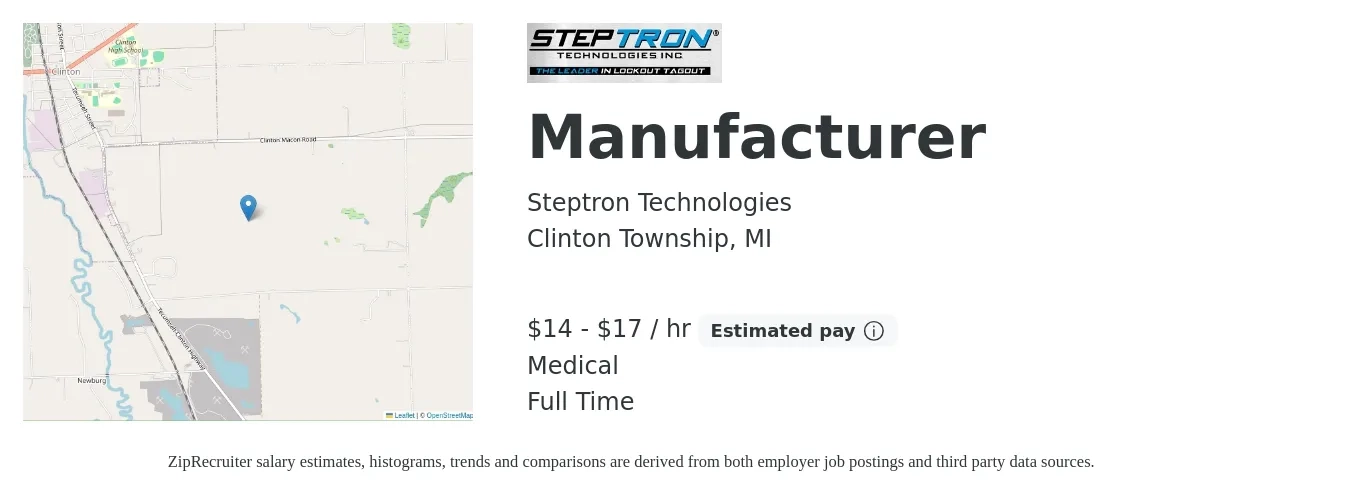 Steptron Technologies job posting for a Manufacturer in Clinton Township, MI with a salary of $15 to $18 Hourly and benefits including medical, and retirement with a map of Clinton Township location.