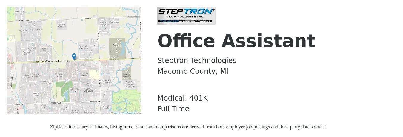 Steptron Technologies job posting for a Office Assistant in Macomb County, MI with a salary of $16 to $21 Hourly and benefits including medical, and 401k with a map of Macomb County location.
