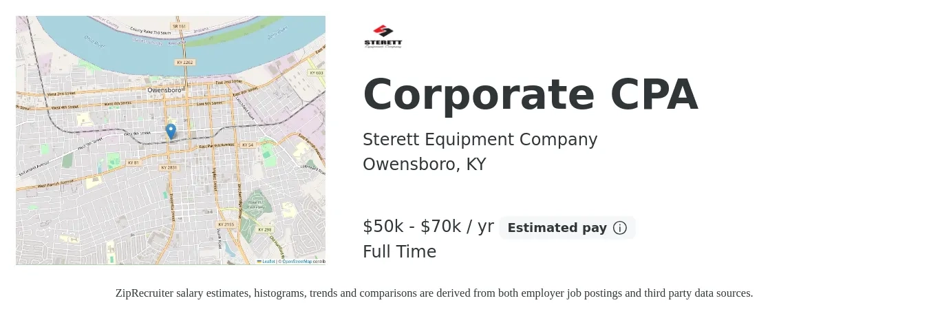 Sterett Equipment Company job posting for a Corporate CPA in Owensboro, KY with a salary of $50,000 to $70,000 Yearly with a map of Owensboro location.