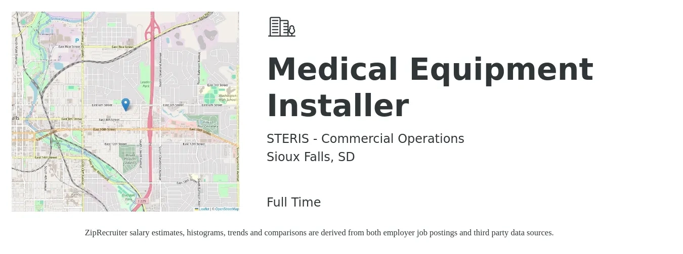 STERIS - Commercial Operations job posting for a Medical Equipment Installer in Sioux Falls, SD with a salary of $29 to $35 Hourly with a map of Sioux Falls location.