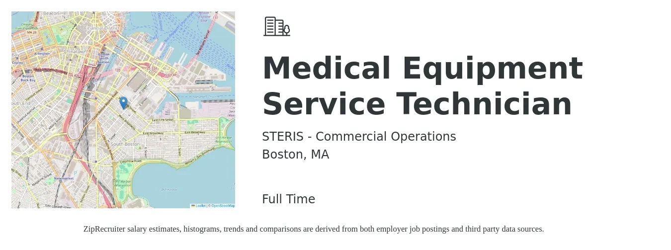 STERIS - Commercial Operations job posting for a Medical Equipment Service Technician in Boston, MA with a salary of $27 to $35 Hourly with a map of Boston location.
