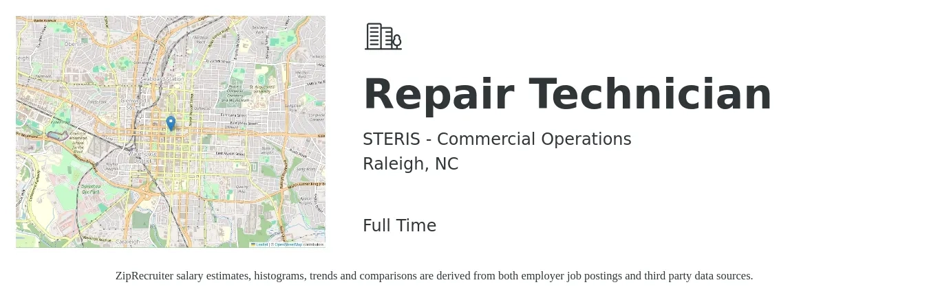 STERIS - Commercial Operations job posting for a Repair Technician in Raleigh, NC with a salary of $18 to $24 Hourly with a map of Raleigh location.