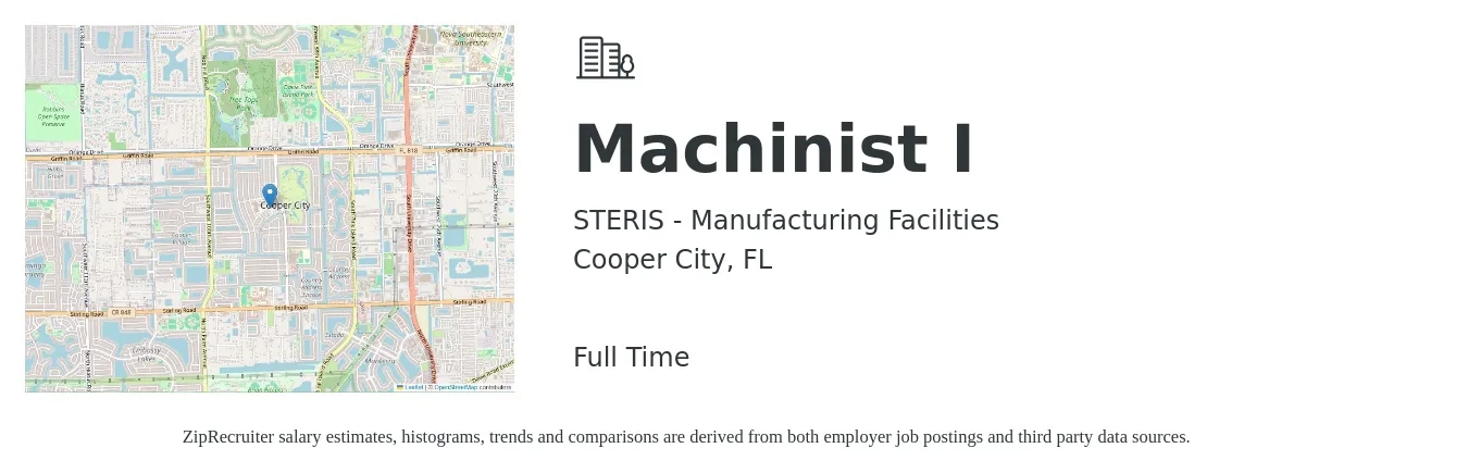 STERIS - Manufacturing Facilities job posting for a Machinist I in Cooper City, FL with a salary of $16 to $18 Hourly with a map of Cooper City location.