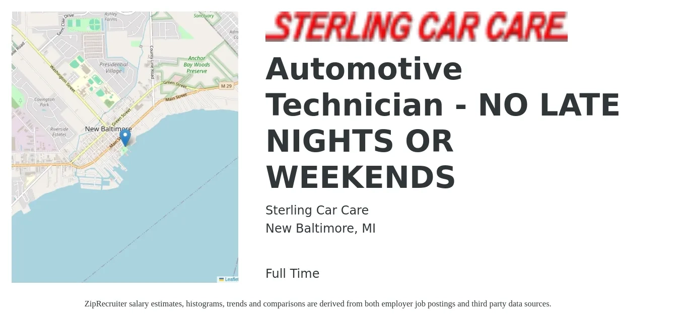 Sterling Car Care job posting for a Automotive Technician - NO LATE NIGHTS OR WEEKENDS in New Baltimore, MI with a salary of $20 to $32 Hourly with a map of New Baltimore location.