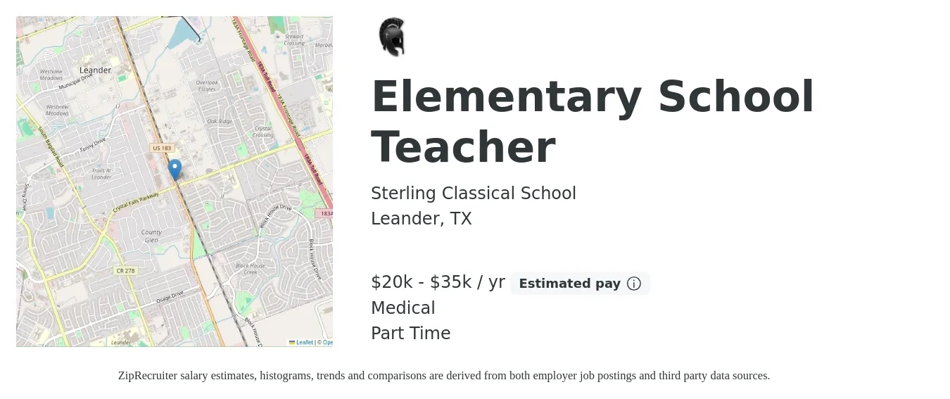 Sterling Classical School job posting for a Elementary School Teacher in Leander, TX with a salary of $20,000 to $35,000 Yearly and benefits including medical, and pto with a map of Leander location.