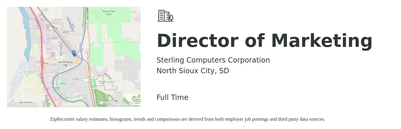 Sterling Computers Corporation job posting for a Director of Marketing in North Sioux City, SD with a salary of $68,100 to $125,200 Yearly with a map of North Sioux City location.