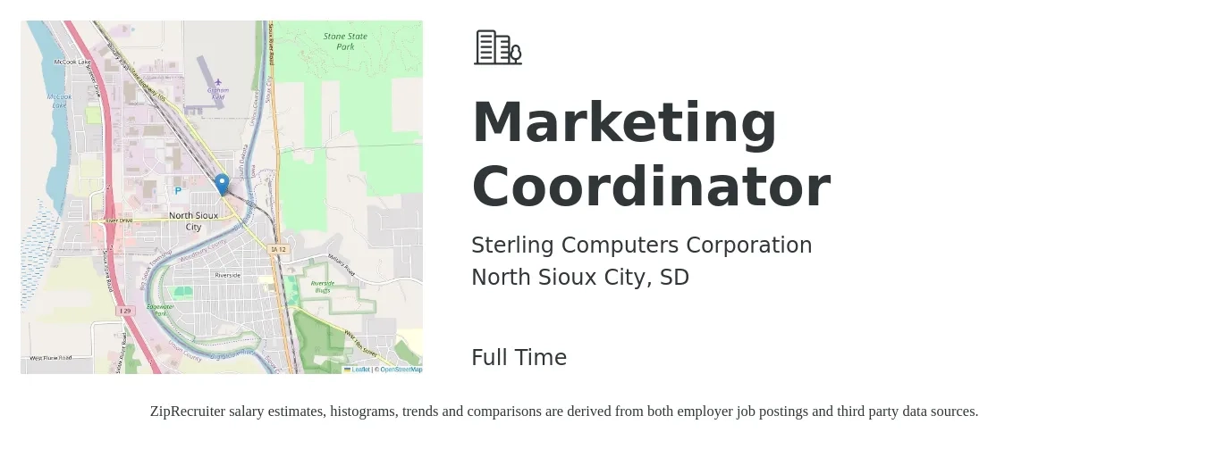 Sterling Computers Corporation job posting for a Marketing Coordinator in North Sioux City, SD with a salary of $40,500 to $55,700 Yearly with a map of North Sioux City location.