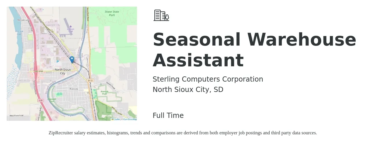 Sterling Computers Corporation job posting for a Seasonal Warehouse Assistant in North Sioux City, SD with a salary of $16 to $18 Hourly with a map of North Sioux City location.
