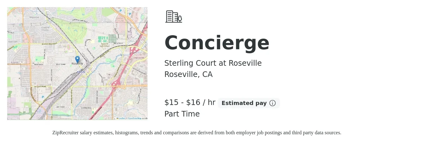 Sterling Court at Roseville job posting for a Concierge in Roseville, CA with a salary of $16 to $17 Hourly with a map of Roseville location.